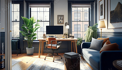 modern living room with computer, plant, sofa, chair, sunlight © Sean Song