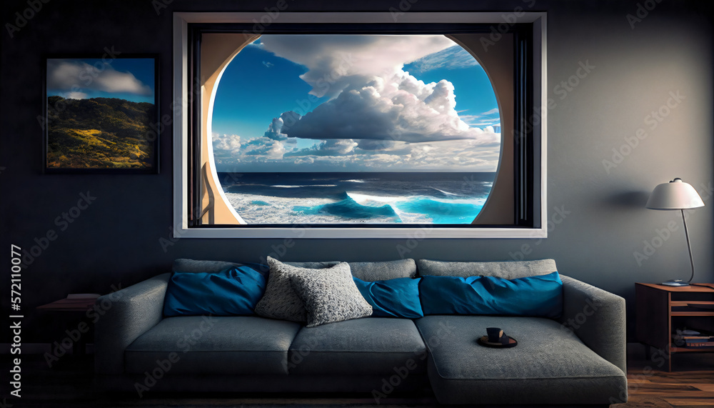 Fototapeta premium Cozy, bright, and modern living room having the oceanview