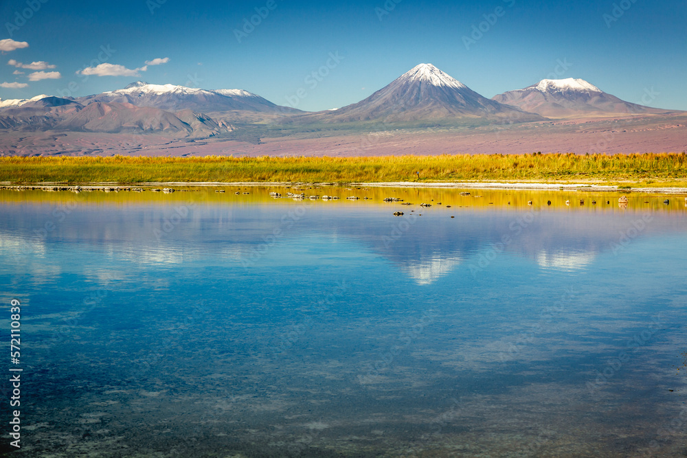 Licancabur with reflection lake and volcanic landscape at Sunset, Atacama, Chile