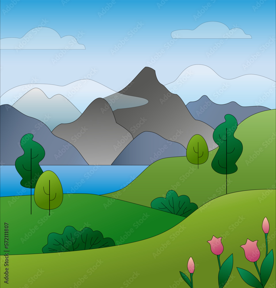 Fototapeta premium Mountains with lake landscape. Vector illustration.