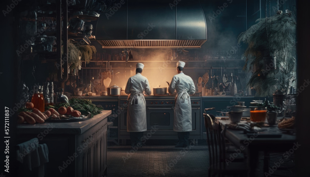 Gourmet chefs in uniform cook in the kitchen. Generative AI