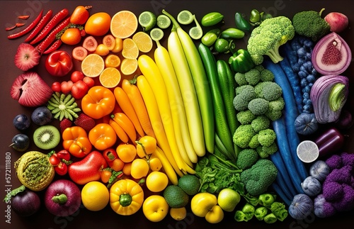 The fruit and vegetable set combines healthy food with bright rainbow tones. AI-generated images