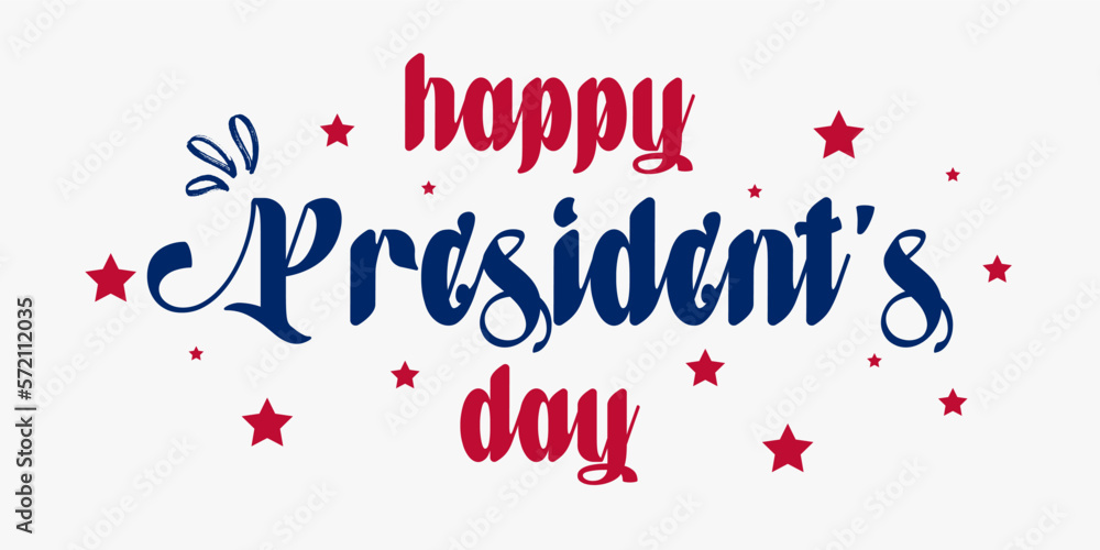 Happy Presidents Day with stars and Hand drawn text lettering for Presidents day in USA. Script. Calligraphic design for print greetings card, sale banner, poster. Colorful