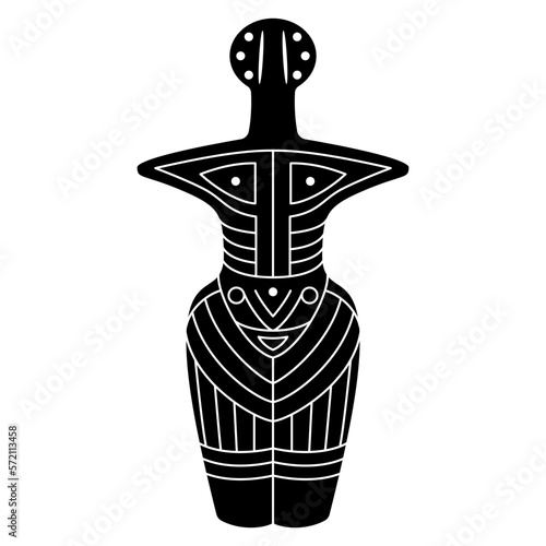Female figurine of a goddess with geometrical ornament on body. Neolithic pagan idol from Cucuteni, Romania. Trypillia or Tripolye culture. Great Mother archetype. Black and white negative silhouette