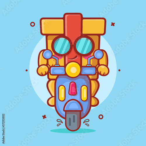 cool cardboard box character mascot riding scooter motorcycle isolated cartoon in flat style design