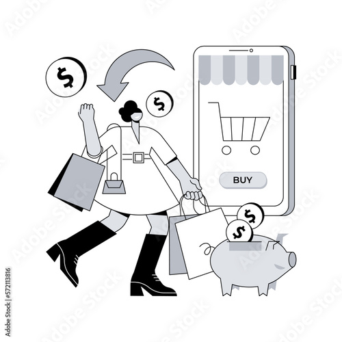 Cashback service abstract concept vector illustration. Online cashback extension, score your extra cash rebate, cash-back service rates, reduce cost shopping online at check out abstract metaphor.