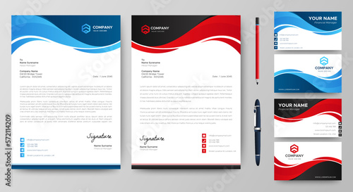 Professional creative letterhead and business card template. Modern a4 Business Letterhead Design. Red and Blue. Corporate business card branding identity. Vector	

