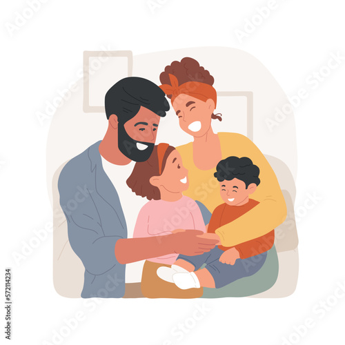 Family hugs isolated cartoon vector illustration. Parents hugging two children, family happy moment, winter holiday, leisure time, express love, sharing hugs, relationship vector cartoon.