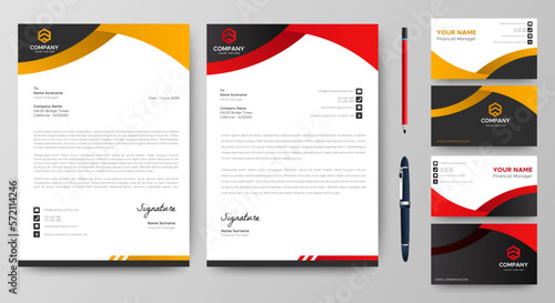 Professional creative letterhead and business card template. Modern a4 Business Letterhead Design. Red and yellow. Corporate business card branding identity. Vector	
