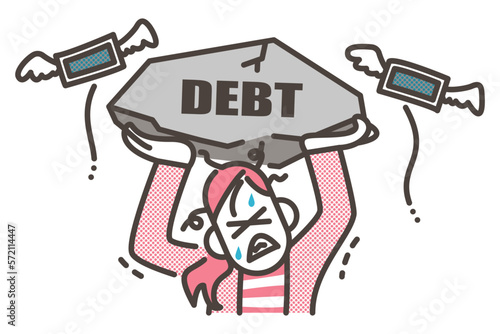 Young woman struggling to pay off debt [Vector illustration].
