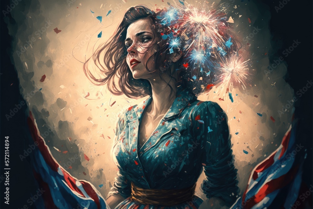 American girl celebrating festival fireworks. Generative ai American girl celebrating festival fireworks. Generative ai