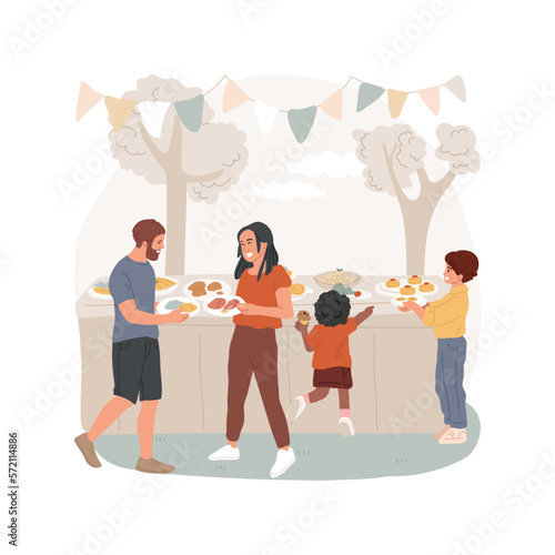 Sharing food isolated cartoon vector illustration. Neighborhood meal sharing, community food festival, celebrate cultural diversity, table outdoor, people standing with plates vector cartoon.