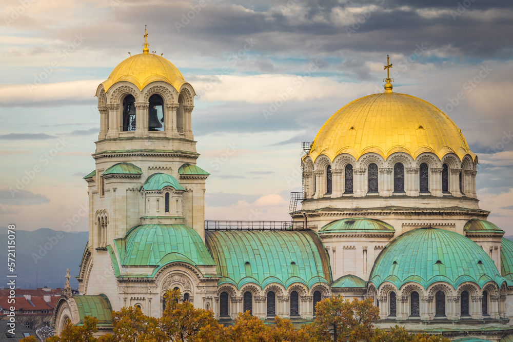 Alexander Nevski cathedral square in Sofia at dramatic autumn sunset, Bulgaria