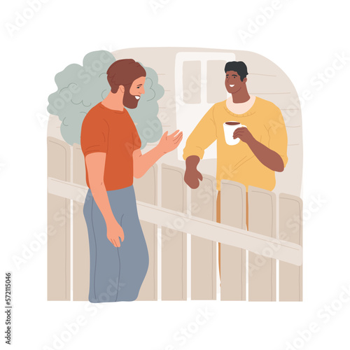Good neighbours isolated cartoon vector illustration. Neighbors speaking through the fence, cups of coffee in hands, casual talk, outdoor meeting, good friendly relationship vector cartoon.