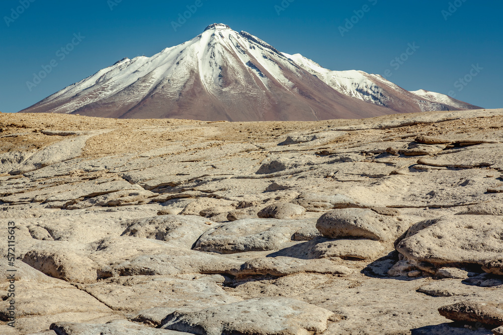 Dramatic volcanic landscape in Piedras Rojas at sunny day, Atacama Desert, Chile