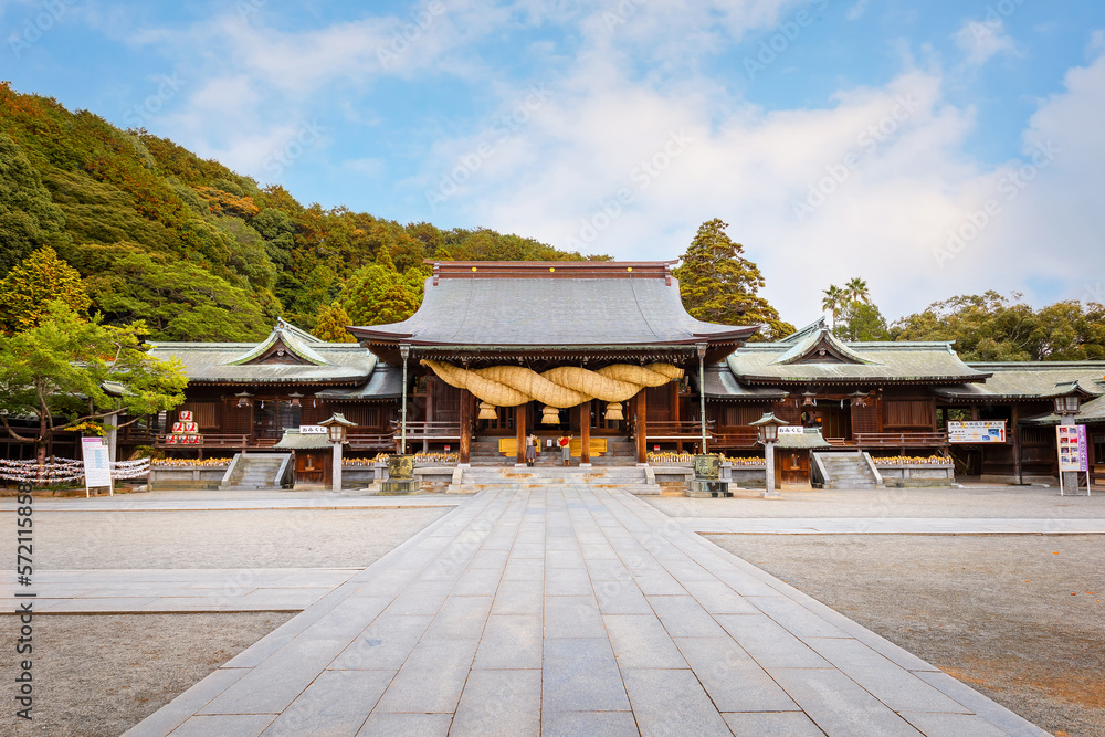 Fukuoka, Japan - Nov 21 2022: Miyajidake Shrine is primarily dedicated to Empress Jingu, home to five-ton sacred straw rope and attracts over 2 million worshippers a year Fukuoka, Japan - Nov 21 2022: Miyajidake Shrine is primarily dedicated to Empress Jingu, home to five-ton sacred straw rope and attracts over 2 million worshippers a year