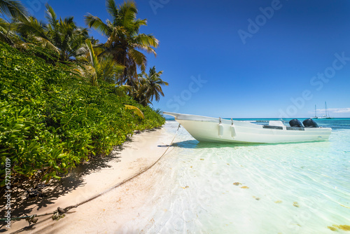 Boat and tropical beach in caribbean sea, Saona island, Dominican Republic