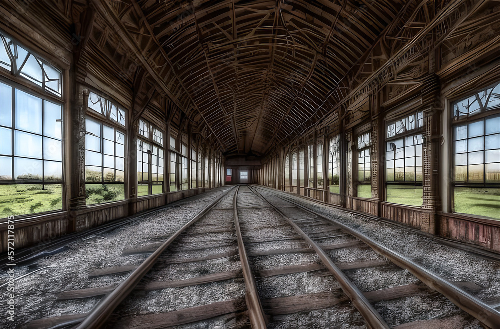 Old abandoned empty railroad train depot building, HDR image.