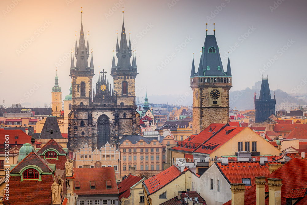 Panoramic view over the cityscape of Prague at dramatic sunset, Czech Republic Panoramic view over the cityscape of Prague at dramatic sunset, Czech Republic