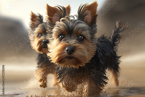 Two cute Yorkshire Terriers, yorkies, on the beach, running on water 