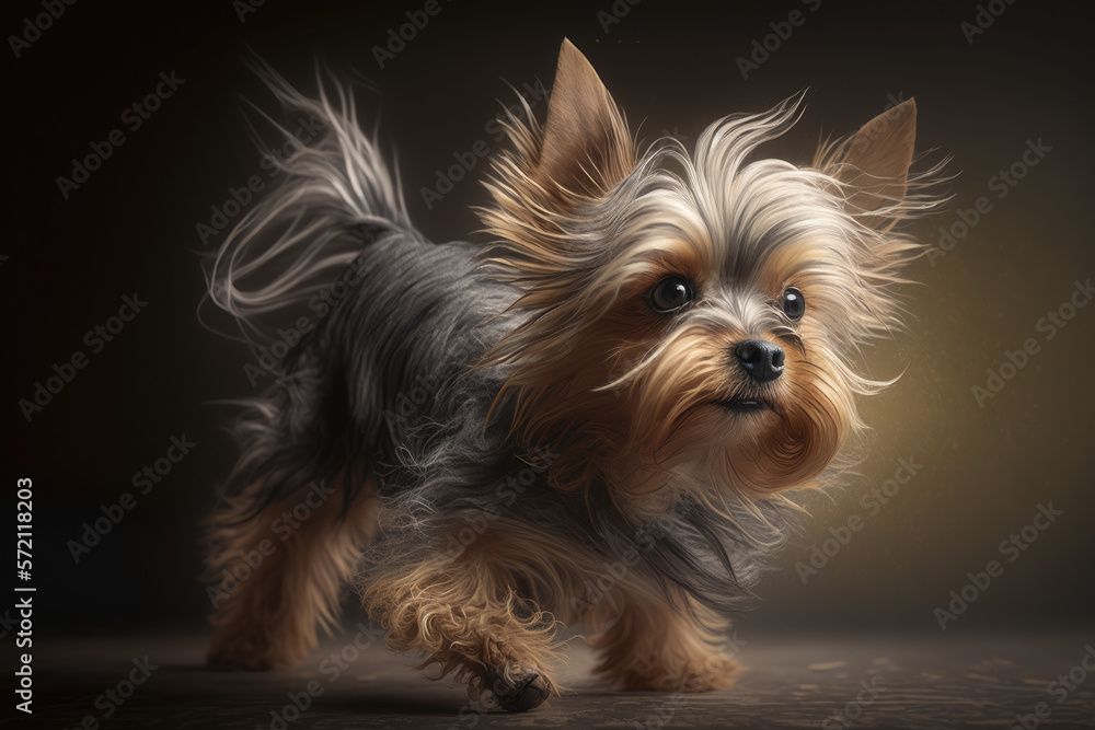 A cute Yorkshire Terrier, yorkie, inside having fun, playful.