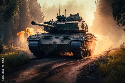 A tank drives through the desert leaving a cloud of dust in its wake, wat scene, tanque de guerra, Russia, Ukrainian, GENERATIVE AI
