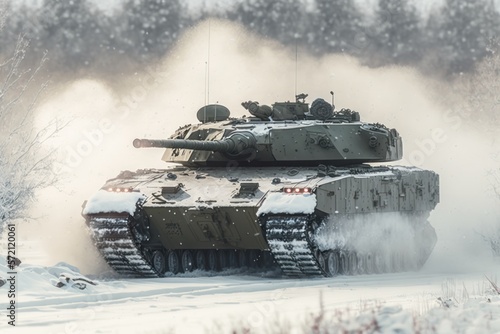 Military army tank ready to attack moving over on winter, tanks battle scene, generated ai