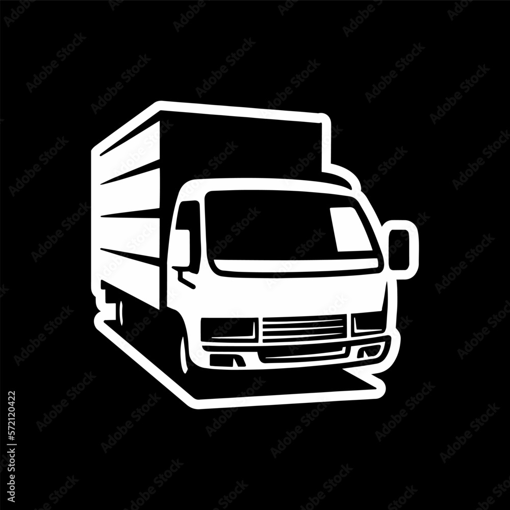 Freight truck line art illustration. Box truck vector icon on dark background