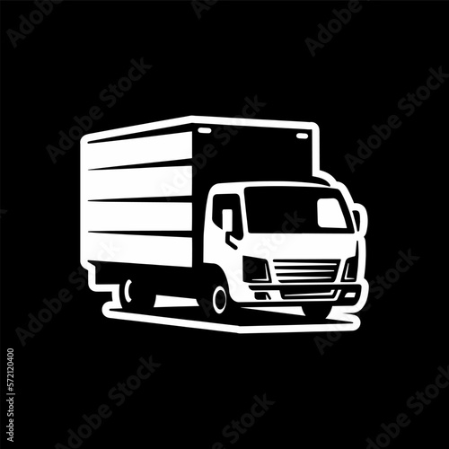 Freight truck line art illustration. Box truck vector icon on dark background