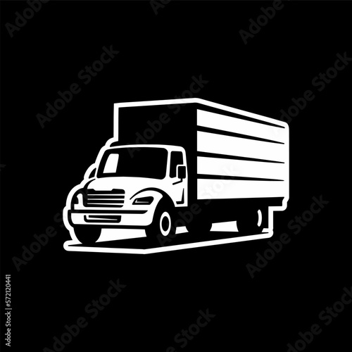 Freight truck line art illustration. Box truck vector icon on dark background