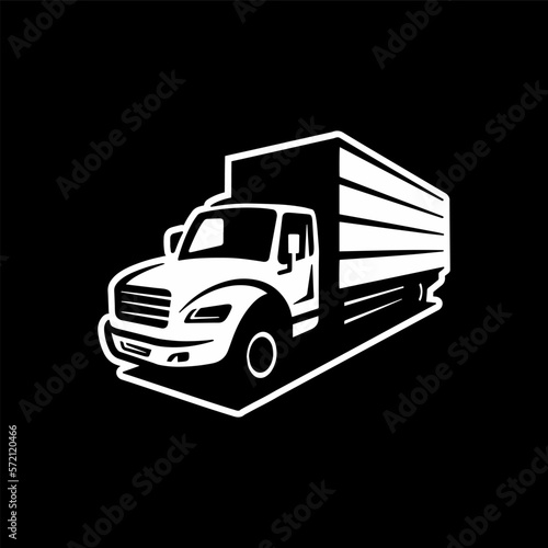 Freight truck line art illustration. Box truck vector icon on dark background