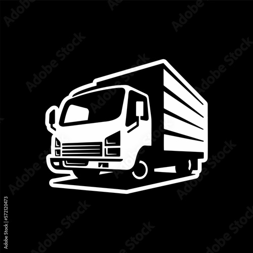 Freight truck line art illustration. Box truck vector icon on dark background