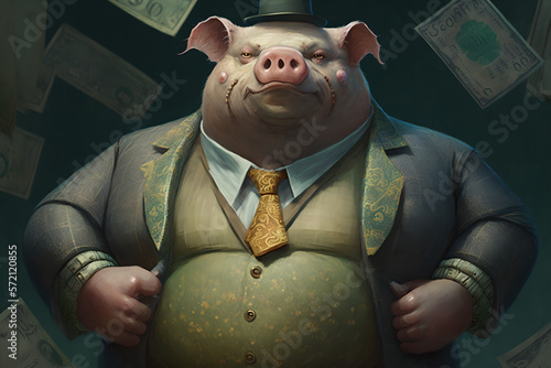 Fototapeta Filthy rich pig is fat and cashed up, lots of money in his pockets, greedy corpo