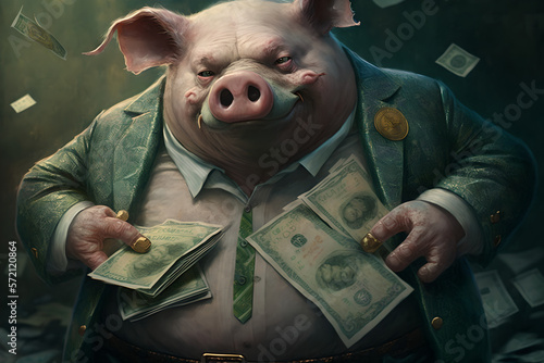 Fotografia Filthy rich pig is fat and cashed up, lots of money in his pockets, greedy corpo