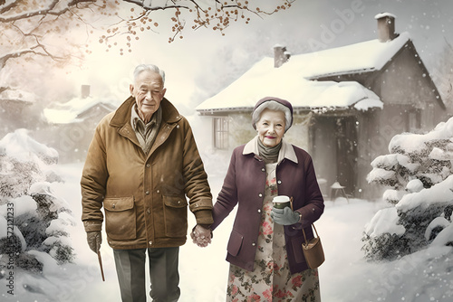 A lovely elderly couple is holding hands in the snow, beautiful long marriage, neverending love, companionship and trust, winter gateaway for senior citizens photo