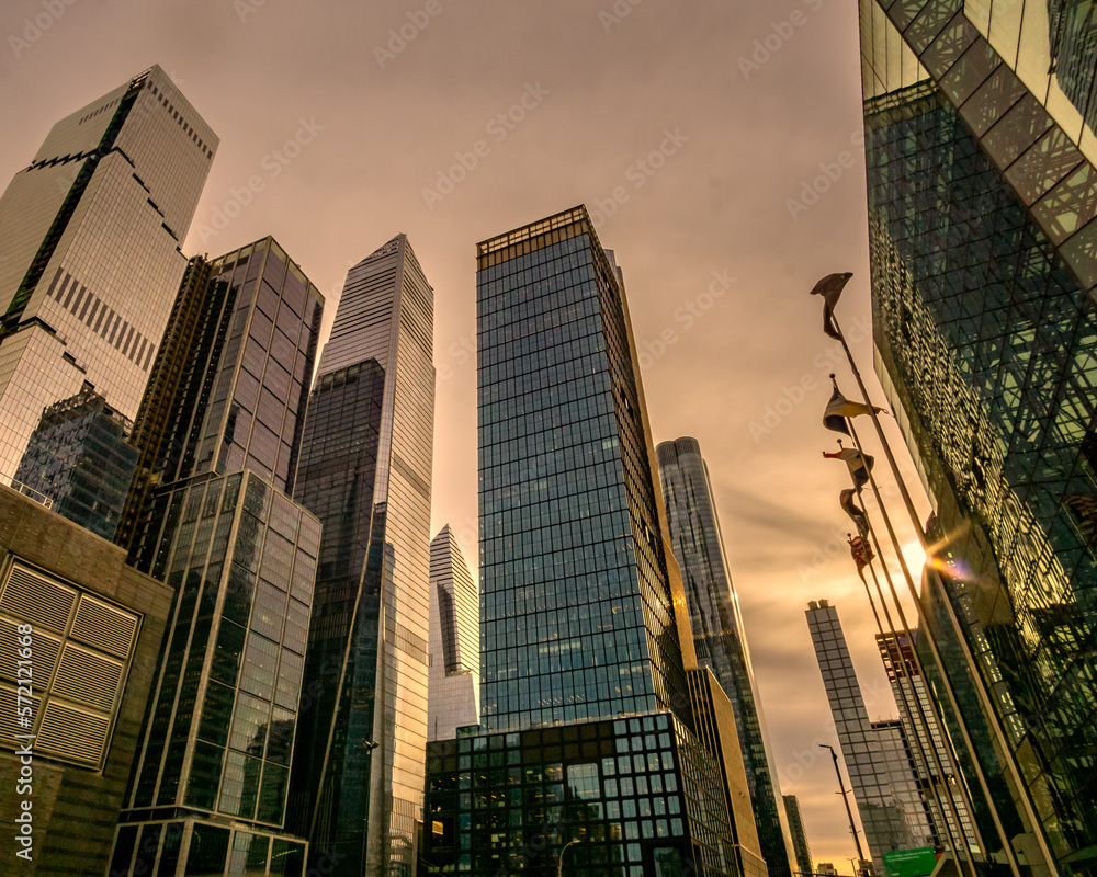 New York, NY - USA - Jan 28, 2023 Sunset view of the Hudson Yards, a real estate development in the Hudson Yards area of NYC. Skyscrapers with residences, businesses, shops and restaurants.