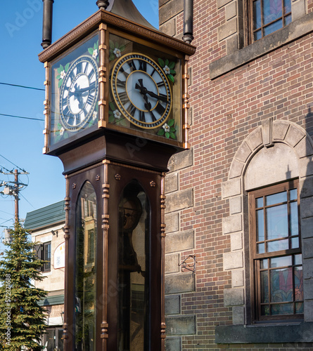 Close up view of the Otaru Steam Clock in Otaru, Japan