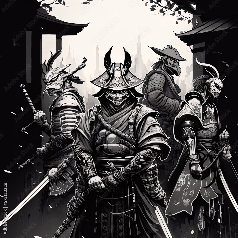 Samurai warrior with katana sword. Ronin samurai against five enemy ...