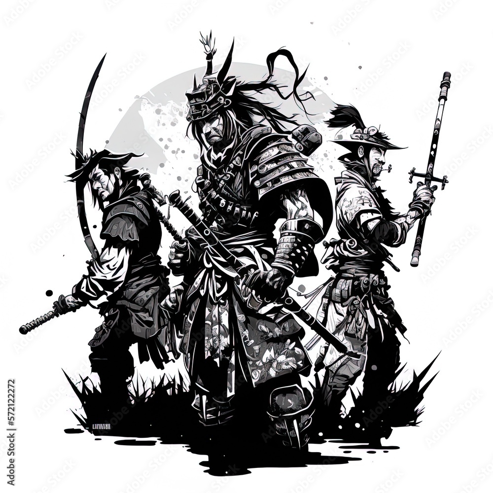 Samurai warrior with katana sword. Ronin samurai against five enemy ...