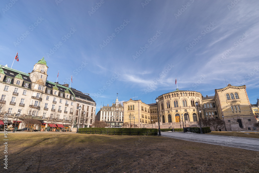 Oslo Norway, city skyline at Studenterlunden Park and Norwegian Parliament