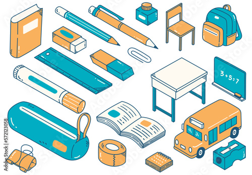 Set of School Supplies Design Element in Isometric Doodle Style Illustration