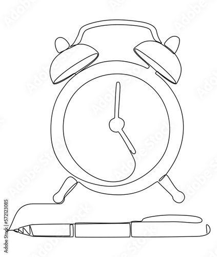 One continuous line of Alarm Clock drawn with a pencil, felt tip pen. Thin Line Illustration vector concept. Contour Drawing Creative ideas.