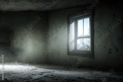 Abandoned house interior, gloomy scary window with ghostly light and shadows in a dark black room in the attic, corridor or basement.