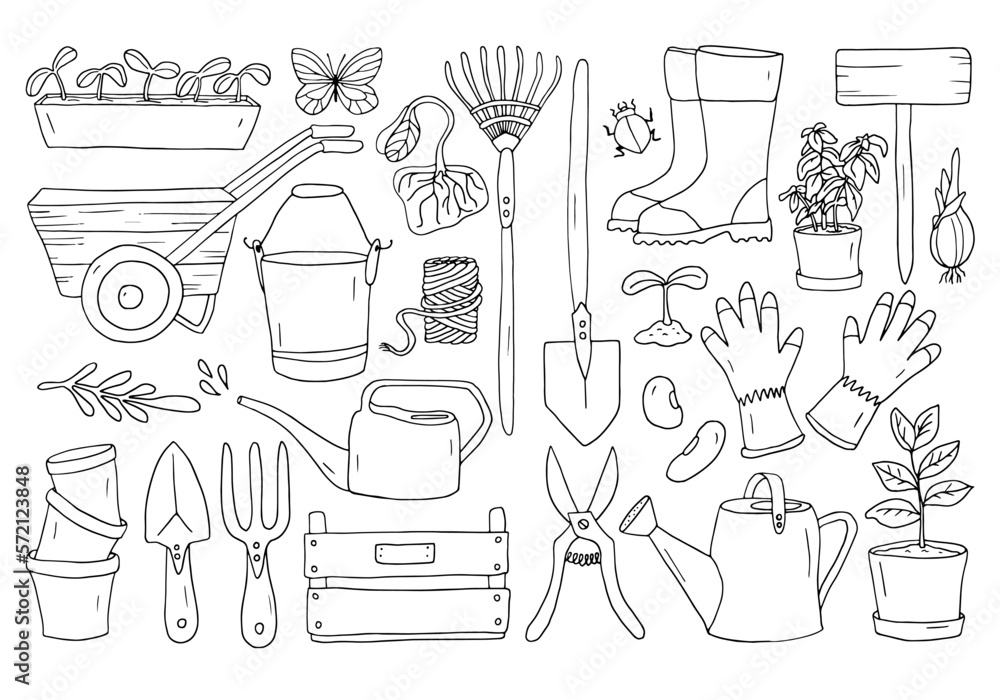 Set of garden tools, shovel, rake, sycator, wheelbarrow, watering can, rubber boots and gloves, seedlings in flower pots, bucket, box, insects. Hand-drawn doodles, vector. Black line. 