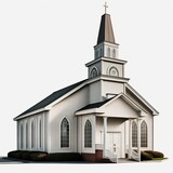 Detailed illustration of an inner-city Christian church with steeple and bells isolated on a white background, generative ai