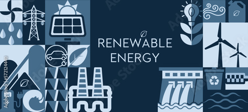 Simple geometric shapes in the renewable energy emblem banner provide Bauhaus-inspired simplicity. This is produced using symbols for renewable energy sources. For sustainable and green energy concept
