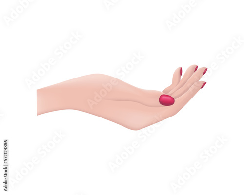 A woman hand. A beautiful girl s hand, palm up. A hand with red painted nails. Vector illustration isolated on a white background