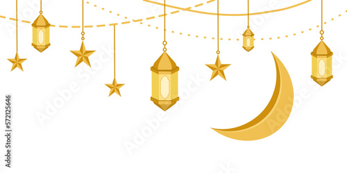 islamic decoration with golden hanging lantern, star, and moon isolated on white transparent background