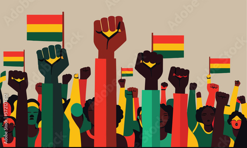 Illustration of black people raising hand protesting, black history month banner.