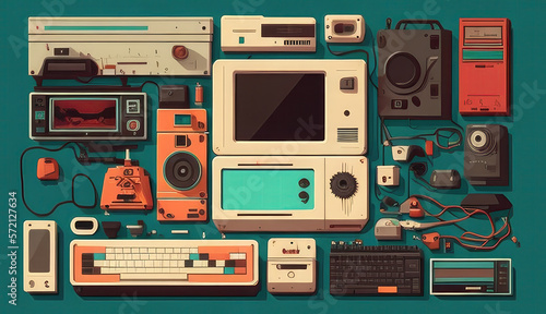 Background full of various old electronics from the 80s and 90s, retro. Generative AI